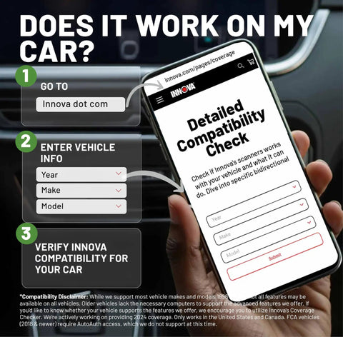 Smartphone showing vehicle compatibility check for OBD2 Scanner For ABS And SRS Codes, Check Engine Light Diagnostic Tool.