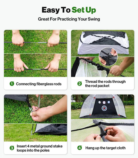 Setup steps for Backyard Golf Practice Net 10 By 7 Feet With Hitting Mat Targets And Balls For Indoor And Outdoor Swing Training