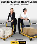 Foldable Push Cart Dolly With 360 Degree Swivel Wheels shown with 330 lb and 660 lb load on yellow platform hand trucks