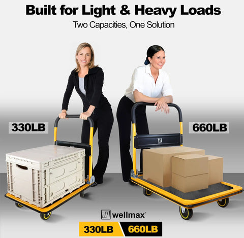 Foldable Push Cart Dolly With 360 Degree Swivel Wheels shown with 330 lb and 660 lb load on yellow platform hand trucks