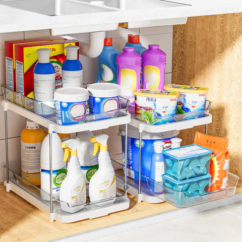 Super Handy Two Tier Under Sink Organizers And Bathroom Storage Solutions For Cabinets And Kitchen Pantries With Smooth Slide Out Drawers And Fully Adjustable Dividers In Bright White Two Pack holding cleaning supplies.