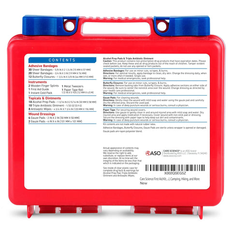 Care Science 110-piece first aid kit in red plastic case with blue latches and white contents label.