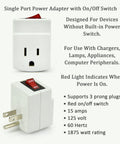 Three Prong Grounded Single Port Power Adapter With Indicator Light On Off Switch For Easy Energy Saving No Brainer
