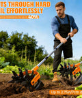 Man using Two In One Rotary Hand Tiller For Gardening With An Adjustable 63 Inch Stainless Steel Pole, Front Weeding Blades And Rear Tilling Blade