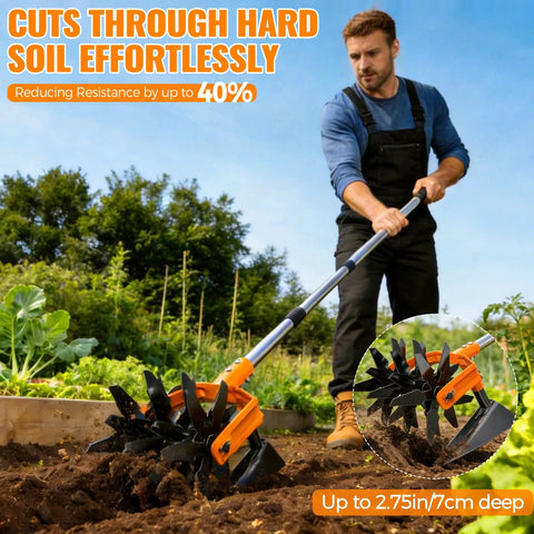 Man using Two In One Rotary Hand Tiller For Gardening With An Adjustable 63 Inch Stainless Steel Pole, Front Weeding Blades And Rear Tilling Blade