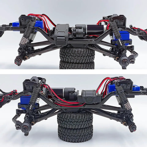 Aluminum RC Crawler Shocks With Flex Blades For One Eighteenth Scale TRX4M Upgrade Adjustable Suspension Mount Boosts Articulation And Smooth Handling For Your Rig shown on chassis