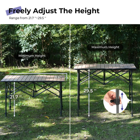 Foldable Aluminum Camping Table With Carry Bag Ultralight Roll Up Design Adjustable Height Indoor Outdoor Use Sturdy Easy Set Up For Camping Picnics Backyard BBQ Patio Wood Grain Finish