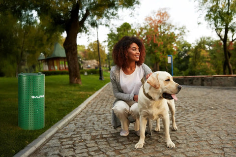 Weather Resistant Green Steel Dog Waste Station With 13.5 Gallon Capacity Outdoor Poop Trash Can For Parks Trails And Public Areas Built From Galvanized Steel With Rugged Powder Coat Finish That Keeps It Looking Sharp on a park path with a woman and dog nearby.