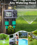 Two Zone Hose Timer With Dual Outlet Sprinkler Control Brass Inlet Rain Delay Manual And Auto Modes installed on faucet