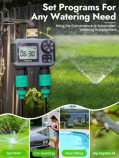 Two Zone Hose Timer With Dual Outlet Sprinkler Control Brass Inlet Rain Delay Manual And Auto Modes installed on faucet