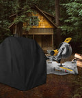 Heavy Duty Miter Saw Cover Waterproof Dust Shield Top Shelf Shop Bag Drawstring Locks on miter saw outdoors near logs.