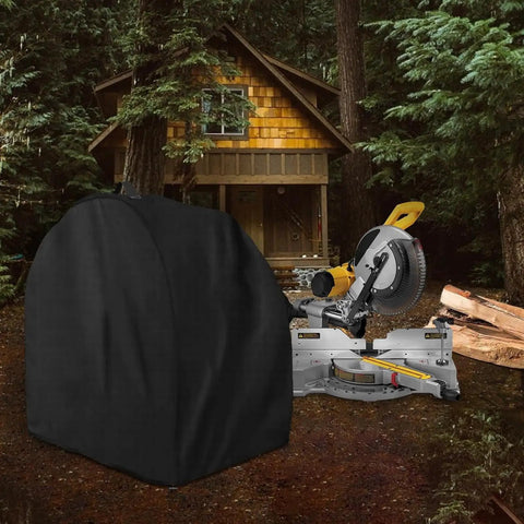 Heavy Duty Miter Saw Cover Waterproof Dust Shield Top Shelf Shop Bag Drawstring Locks on miter saw outdoors near logs.