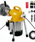 Pro Grade 500W Drain Cleaning Machine With Auto Feed Sewer Snake Auger And 66Ft Carbon Steel Cable, yellow and silver design.