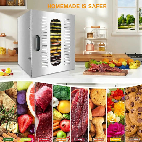 Big Batch Commercial Grade Electric Digital Food Dehydrator With Heavy Duty Trays For Fresh Fruits Veggies And Homemade Pet Jerky 1000 Watt 110 Volt Powerhouse Machine in a kitchen setting.
