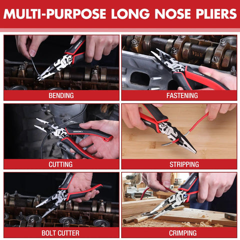 Collage showing Six In One Needle Nose Pliers With Wire Stripper Crimper And Cutter Do It All Eight Inch Multi Tool in use for various tasks.