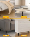 Heavy Duty Adjustable Bed Support Legs For Bedroom Frames And Living Room Sofas Includes A Bulletproof Four Piece Set Of Thick Metal Replacement Stumps With Swivel Leveling Base That Levels Out Any Floor Smooth And True From Seven To Thirteen Inches, shown under a bed, sofa, small table, and cabinet.