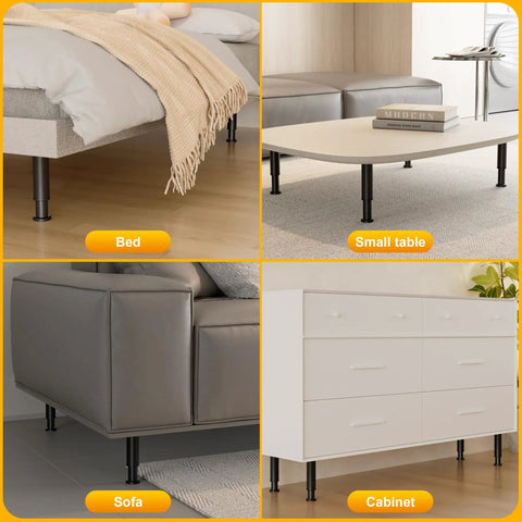 Heavy Duty Adjustable Bed Support Legs For Bedroom Frames And Living Room Sofas Includes A Bulletproof Four Piece Set Of Thick Metal Replacement Stumps With Swivel Leveling Base That Levels Out Any Floor Smooth And True From Seven To Thirteen Inches, shown under a bed, sofa, small table, and cabinet.