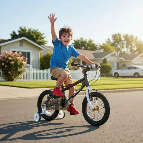 Child riding Lomand 16 Inch Kids Bike With Training Wheels For Boys And Girls Ages 4 To 7, BMX Style Bicycle in gray, outdoors.