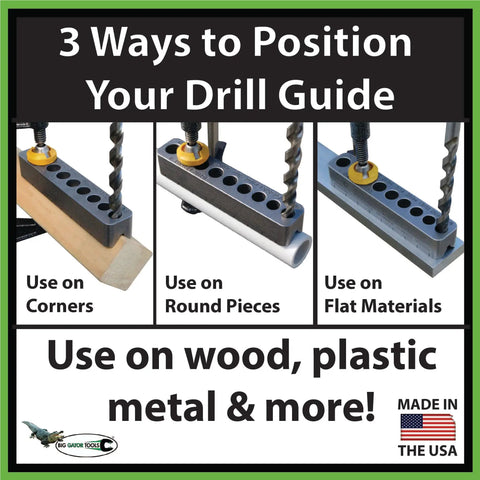 Heavy Duty US Made Steel Precision Drill Guide Keeping Holes Straight As An Arrow For 3 To 9.5 Millimeter Metric Sizes used on corners, round pieces, flat materials