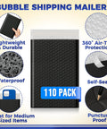 110 Count Self Sealing Bubble Mailers 6x10 Inch Waterproof Padded Envelopes with 6x9 Inch Usable Space, black mailer design.