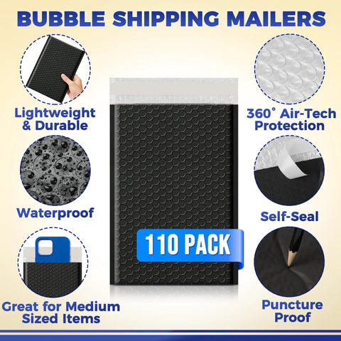 110 Count Self Sealing Bubble Mailers 6x10 Inch Waterproof Padded Envelopes with 6x9 Inch Usable Space, black mailer design.
