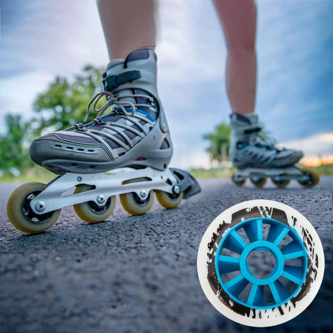 Person skating on pavement with focus on 90mm 85A Inline Skate Wheels Set Of 6 For Outdoor Replacement With Blue Core High Rebound PU.