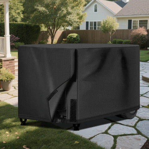 Kickass Universal Generator Cover Waterproof 26X20X20 Inches black cover on portable generator outside on stone patio.