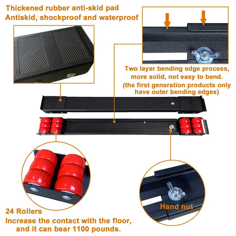 Heavy Duty Appliance Rollers Extendable Mobile Base For Quick Easy Moving Of Washing Machines Dryers Refrigerators And Furniture Adjustable 20 To 32 Inches Upgraded Wheels Black Finish with rubber anti-skid pad and 24 rollers.