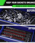 Before and after using Heavy Duty Three Eighth Inch Magnetic Socket Organizer Rail With Aluminum Alloy Construction, red