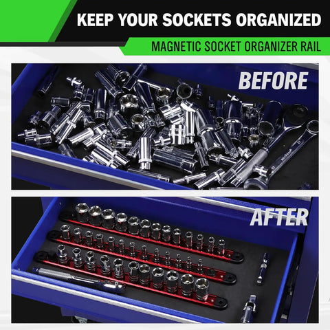 Before and after using Heavy Duty Three Eighth Inch Magnetic Socket Organizer Rail With Aluminum Alloy Construction, red