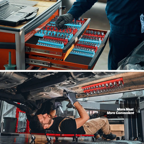 Magnetic Socket Holder Set 4-Piece Drive Organizer for 1/4 and 3/8 Inch SAE and Metric Sockets in use in garage workshop