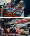 Top: Mechanic using magnetic socket organizer set 6-piece in shop. Bottom: Magnetic socket organizer attached under car in garage.