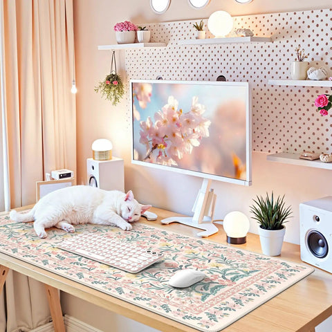 Pink Floral Desk Pad For Aesthetic Office Setup, XXL Large Mouse Pad With Non Slip Base And Stitched Edges, Desktop Decor For Women