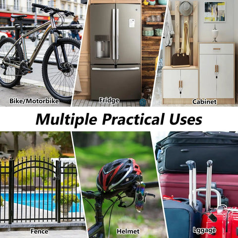 Super Slick Fingerprint Cable Lock For Fridge And Cabinets With Bluetooth App Control Child Proof Security For French Doors And Drawers No Hassle Peel And Stick displayed on fridge, cabinet, bike, helmet, fence, and luggage.