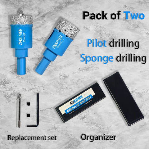 Diamond Hole Saw Drill Bits Set With Pilot Guide And Sponge Spring Bits, 2 Pieces, 1-inch size with organizer and replacement set