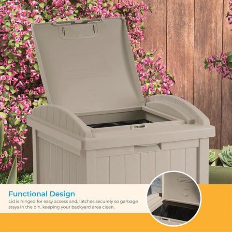 Hideaway Outdoor Trash Can With Lid 30 Gallon Weather Resistant Resin Bin With A Wicker Style Look For Patio And Yard open lid