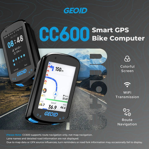 Color Screen Cycling Computer With Wireless GPS Navigation And Reroute Planning displayed on a road with route data and WiFi icons