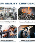 Collage of automotive suspension parts manufacturing: factory machinery, molten metal sparks, and front lower control arm assembly.