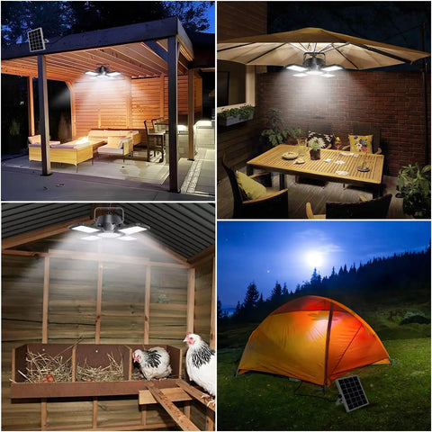 Lit Solar Powered Shed Light With 176 LEDs Motion Sensor Remote illuminating patio, gazebo, shed, and campsite.