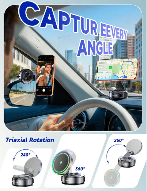 Driver using MagSafe Car Mount Charger with 15W fast wireless charging, showcasing 360-degree rotation on dashboard.
