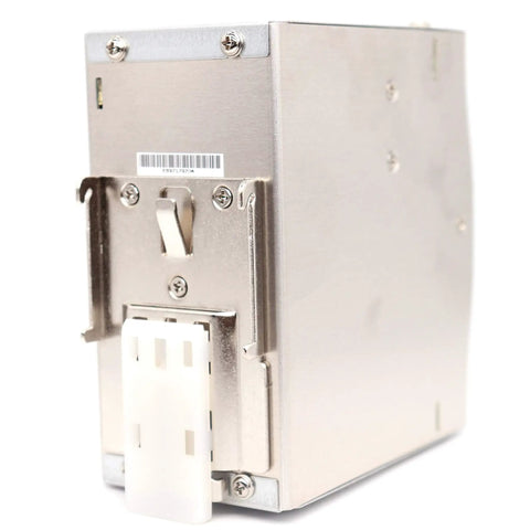 Industrial DIN Rail Power Supply 24V DC 10A 240W with wide input, silver casing and mounting brackets for industrial setups