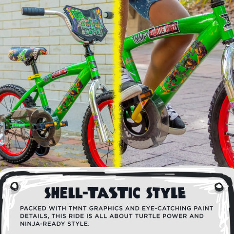 Teenage Mutant Ninja Turtles 16 Inch BMX Bike For Kids Ages 5 To 7 with steel frame, vivid graphics, and training wheels.