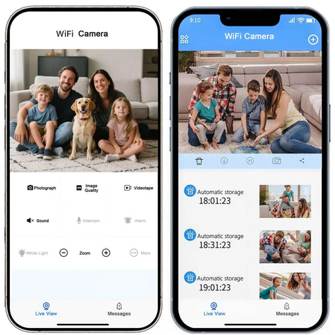 Compact Wireless Spy Cam With Crisp 4K Video And Seamless Night Vision showing live view interface on smartphones with family images.