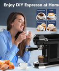Compact Espresso Machine With 20 Bar Pressure And Built In Milk Frother, Features A Smart Digital Panel With Dead Simple One Touch Controls, Fast Heat Up Home Coffee Maker serving espresso shots with pastries on a kitchen table.