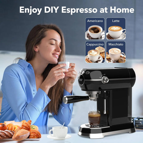 Compact Espresso Machine With 20 Bar Pressure And Built In Milk Frother, Features A Smart Digital Panel With Dead Simple One Touch Controls, Fast Heat Up Home Coffee Maker serving espresso shots with pastries on a kitchen table.