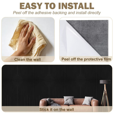 Fresh Groove Design Acoustic Wall Panels For Legit Sound Absorption And Echo Reduction Solid Noise Blocking Tight Home Office Studio Decor Modern Flat Textured Finish installation steps showing wall cleaning and panel placement.