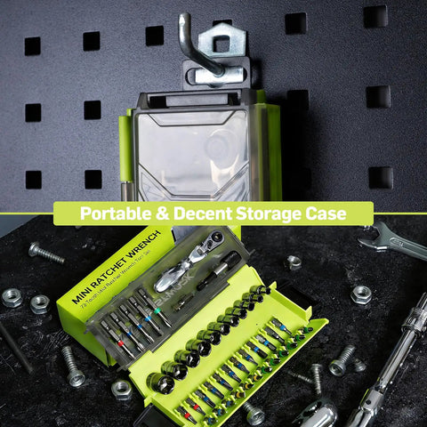 Compact 43-Piece 1/4 Inch Drive Mini Tool Kit For Tight Spaces With 72-Tooth Mini Ratchet And 4-14mm Metric Socket Set, case displayed