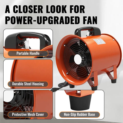 Upgraded 12 Inch Utility Blower Fan Portable Industrial Exhaust Fan With 33 Foot Flexible Duct Hose shown with handle and steel housing.