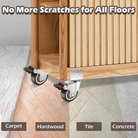 2 Inch Rubber Caster Wheels With 3/4 Inch U Bracket Slick Swiveling Casters on multiple floor types including carpet and tile.
