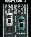 Top view of two cars at a crosswalk comparing stopping distances, highlighting improved braking safety by Automuto.